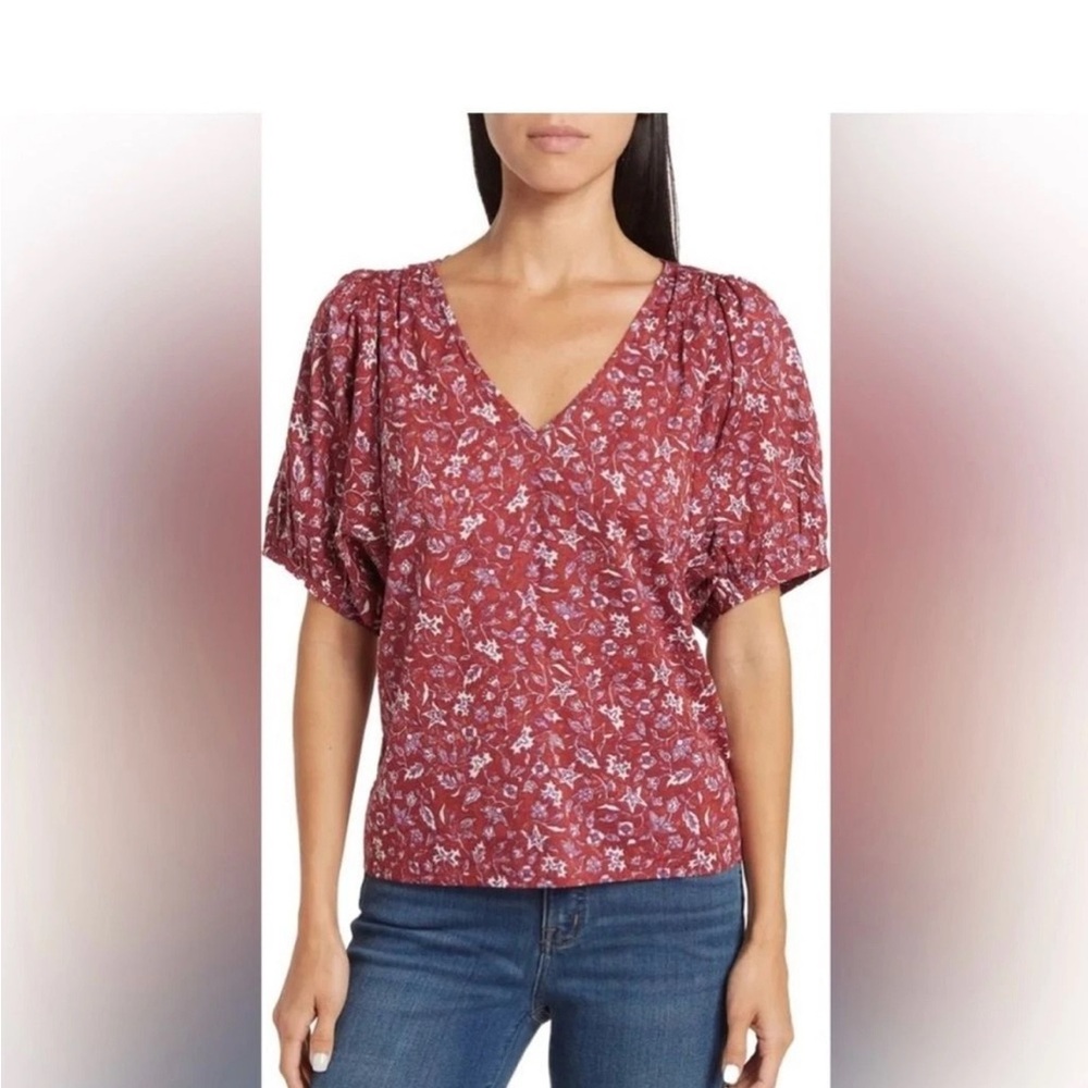 Madewell Women’s V-Neck Puff-Sleeve, Batik Vine Weathered Brick.  Size S